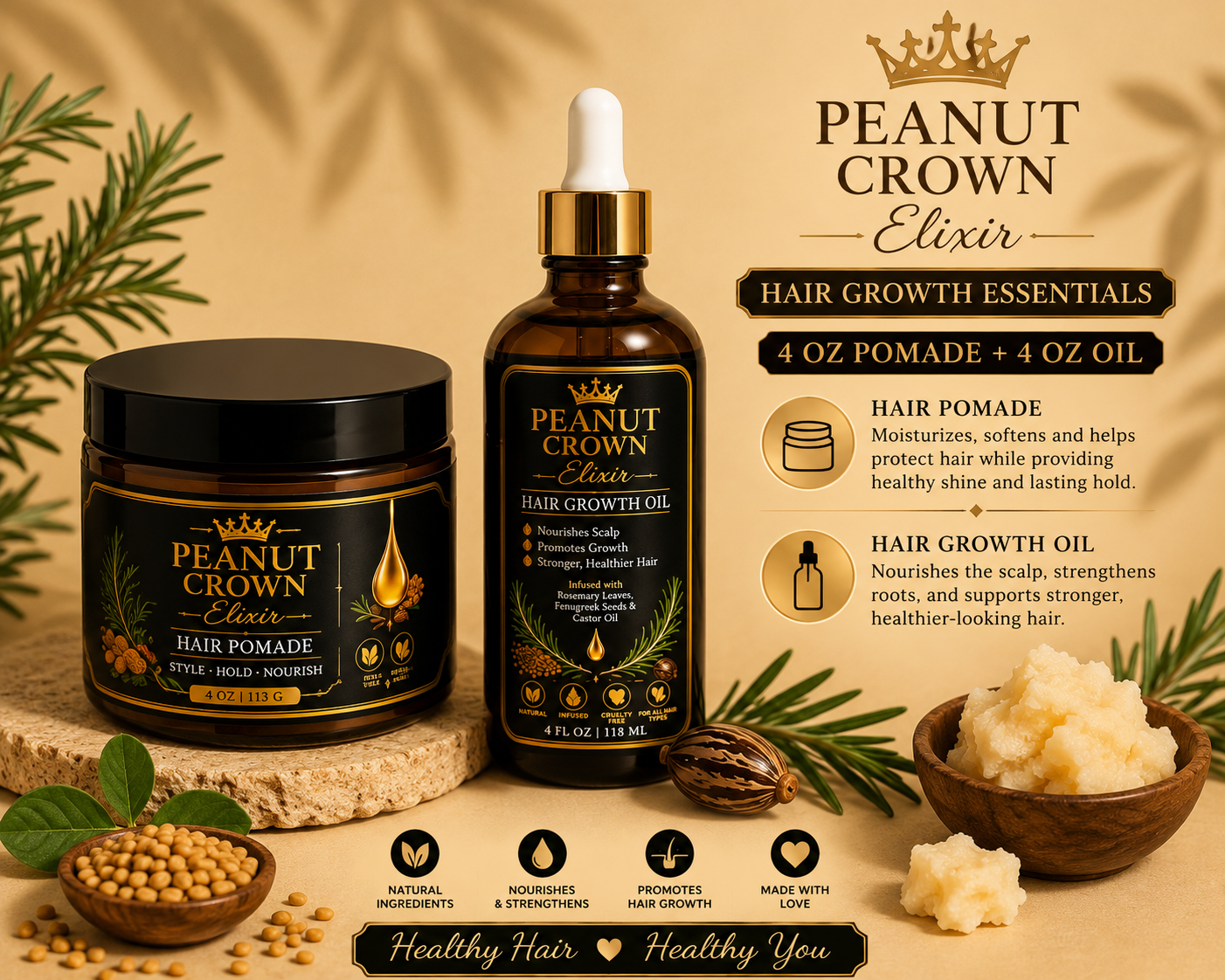 Peanut Crown Elixir Hair Growth Essentials- 4 oz Pomade + 4 oz Hair Growth Oil